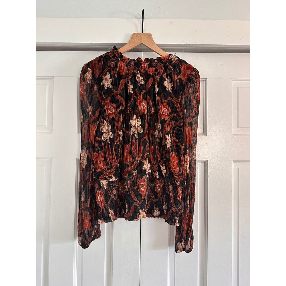 Joie Floral Plisse Smocked Hem Ruffle‎ Neck Blouse Rust Orange XL